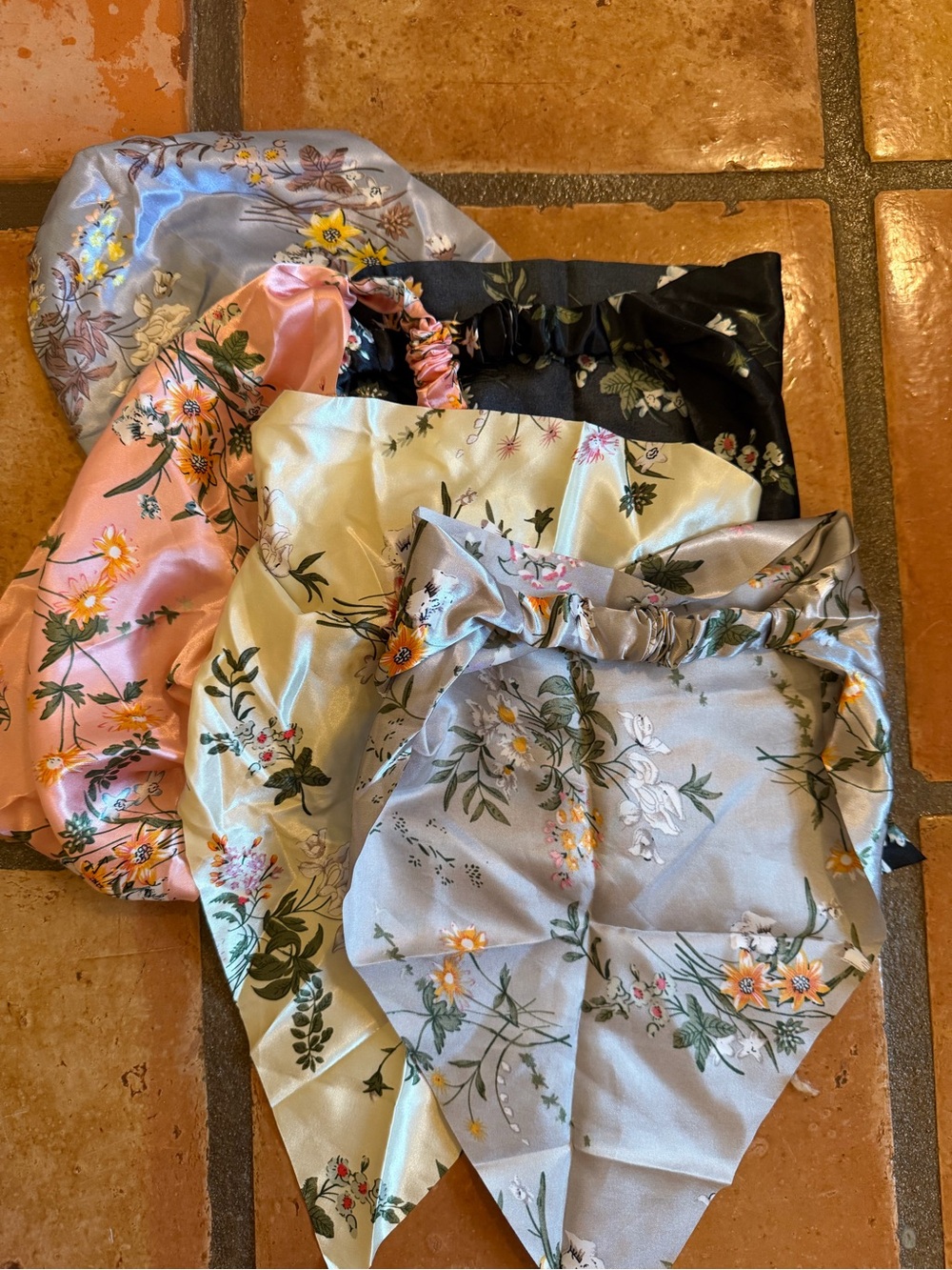 Floral Satin head scarf - Light Blue, Pink, Cream, Black
